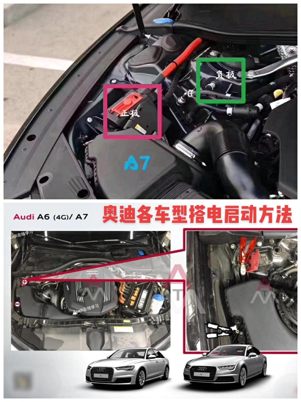 奥迪各车型搭电帮电启动方法