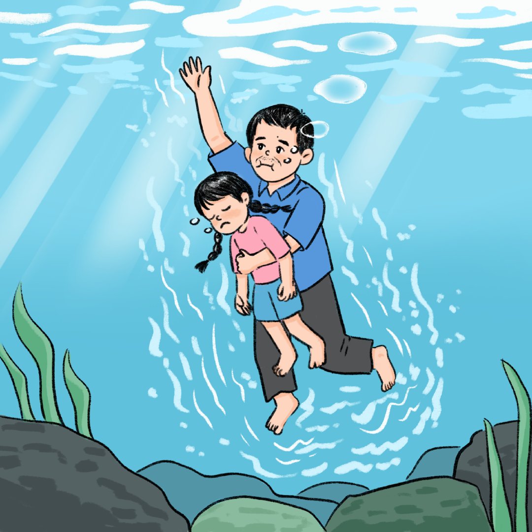 "浙江好人"谭弟咸于深水区挽救3位溺水少年,网友用手绘漫画生动还原这