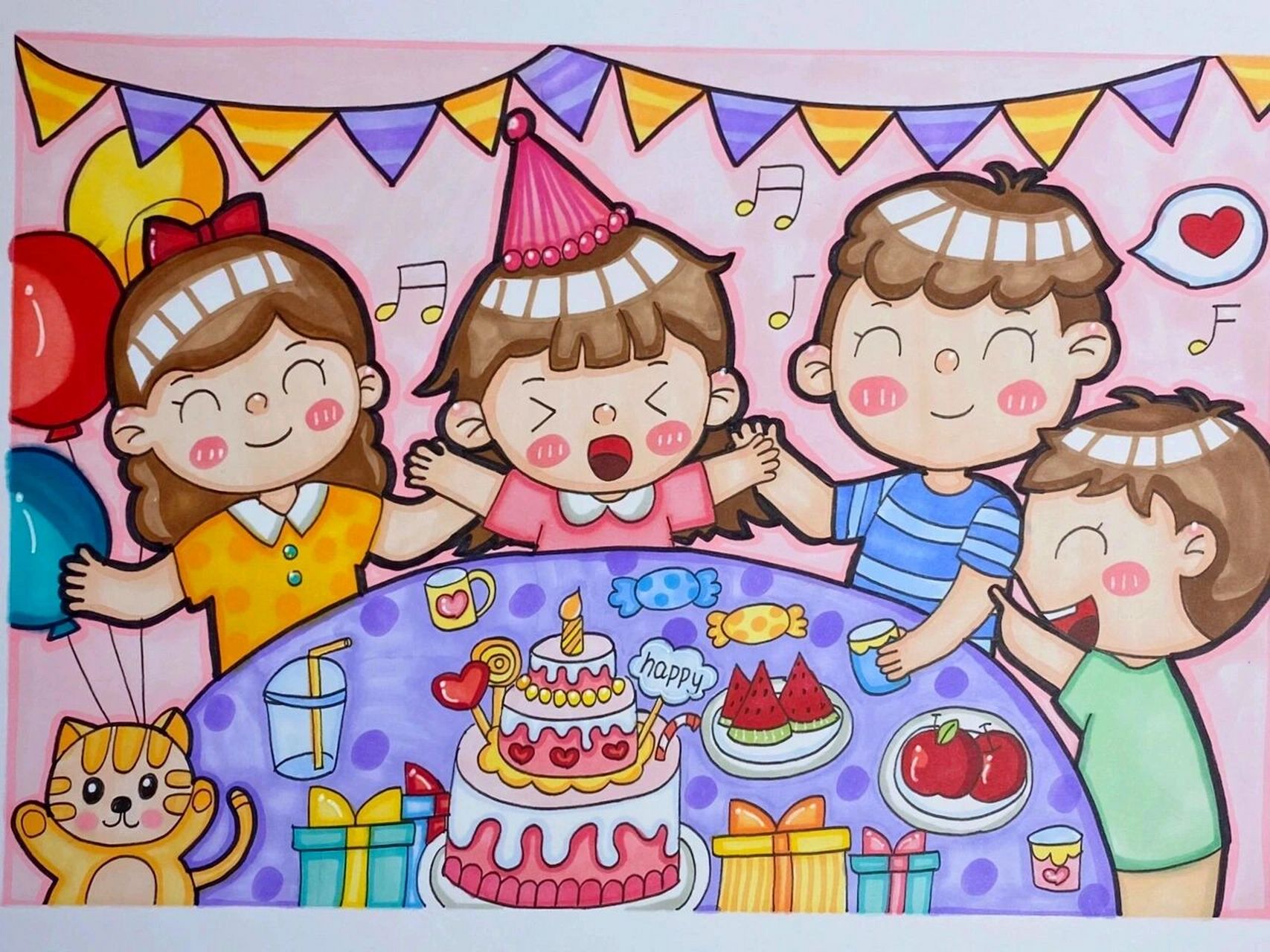 00儿童画/《生日快乐》    一家人过生日最开心啦,今晚的儿童画改编