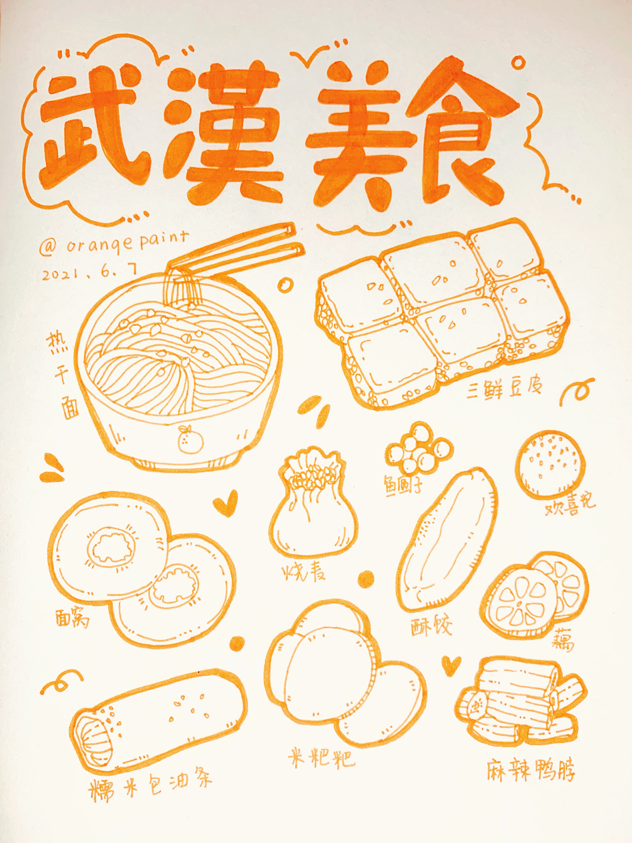 零基础手绘|武汉美食|doodle涂鸦|简笔画 一颗橘子手绘|day03家乡美食