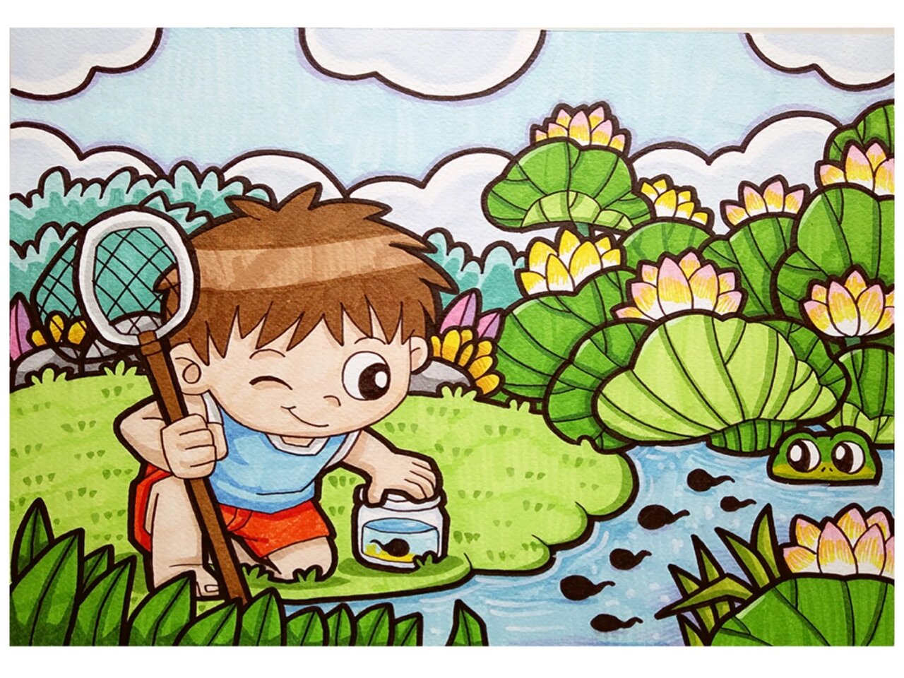 捉蝌蚪 儿童画