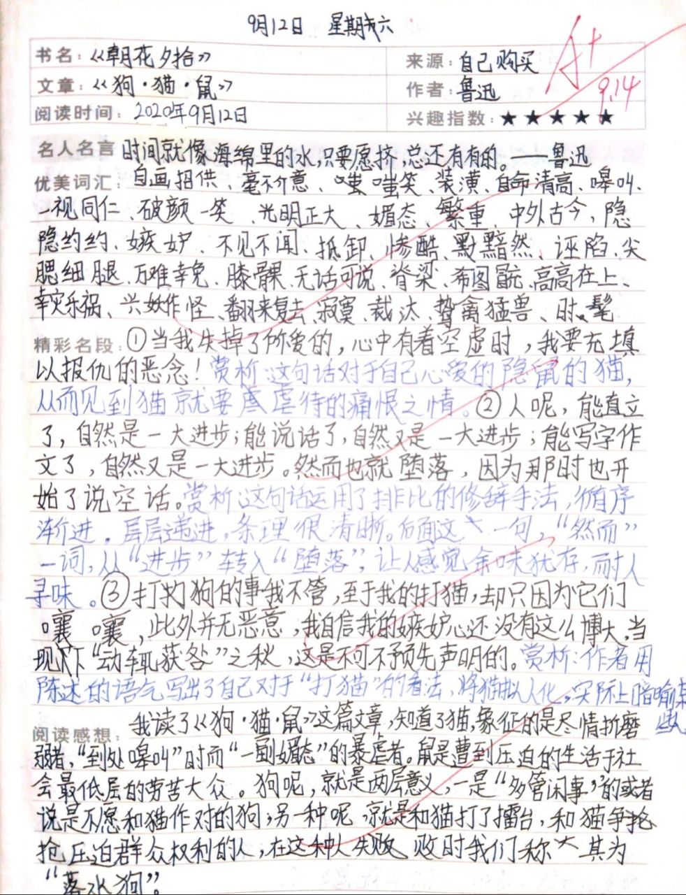 《朝花夕拾》读书笔记——《狗猫鼠》   字丑勿喷