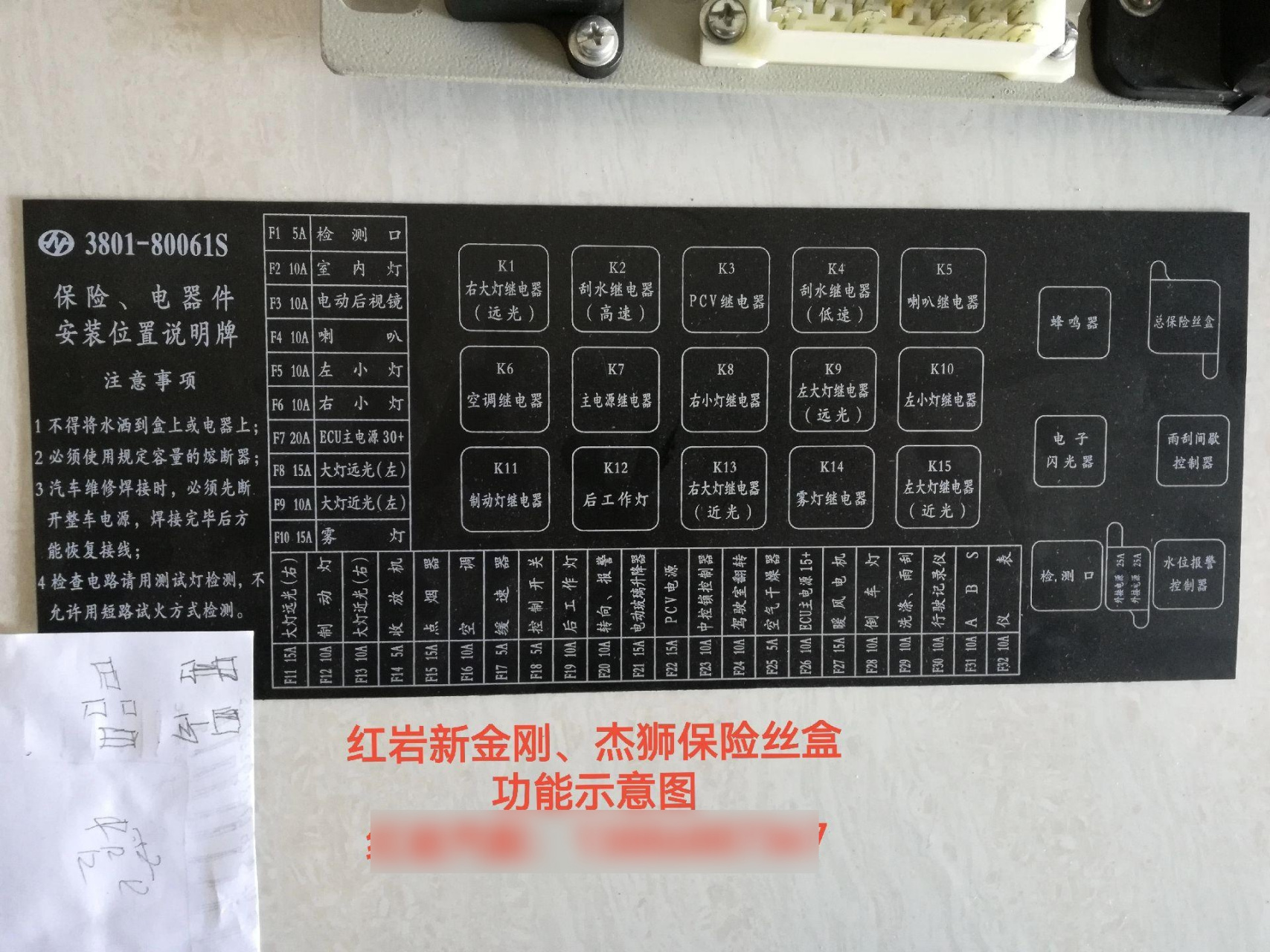 红岩新金刚,杰狮保险丝电源盒功能示意图.保存收藏.