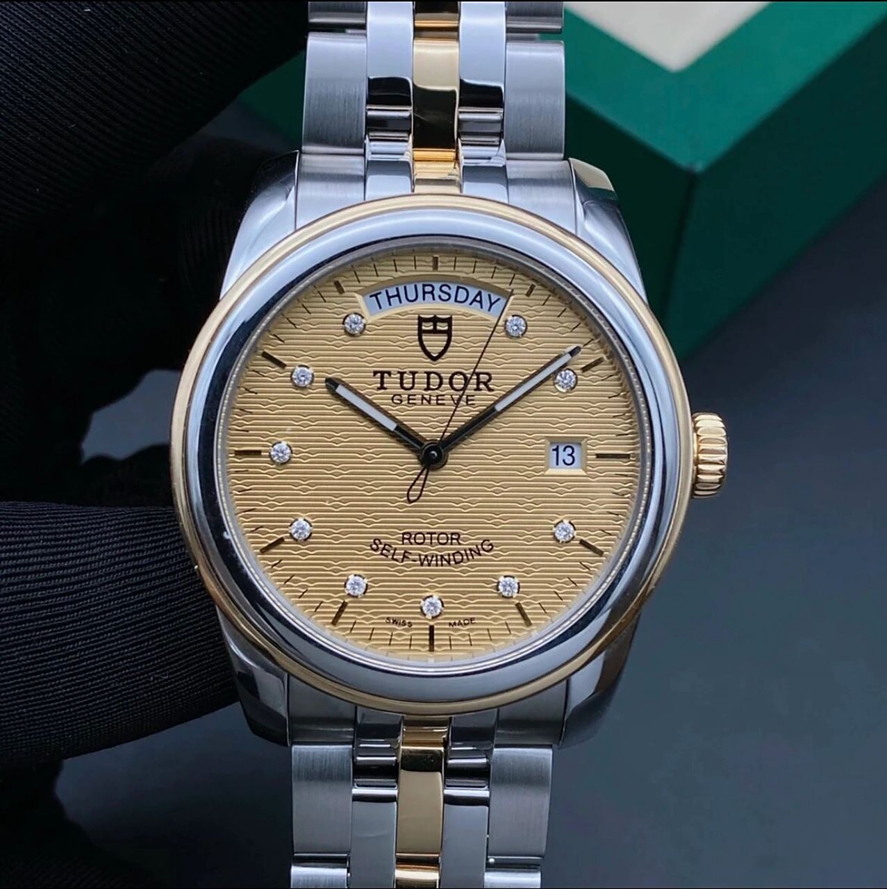 帝舵手表出售 刚收帝舵骏珏系列m56003-0004布纹面18k渐金钻刻钢表.