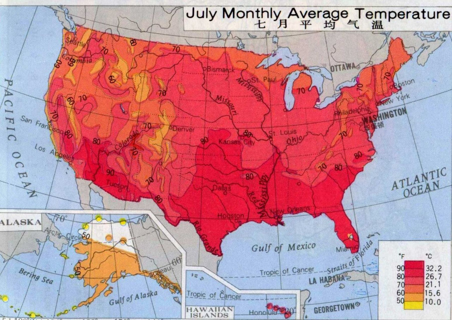 美国一月和七月平均气温分布图 美国由于地形分东中西
