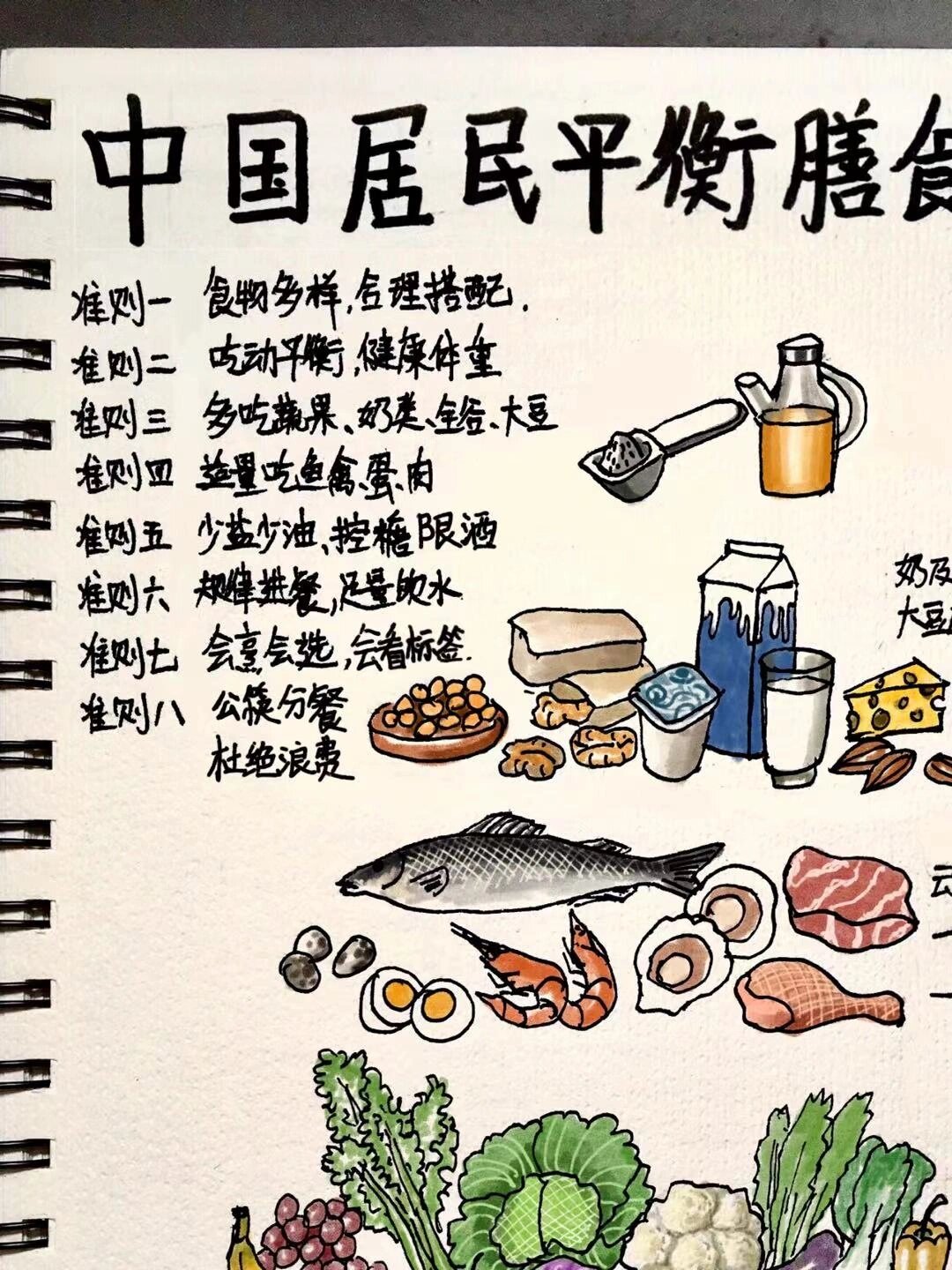 手绘中国居民平衡膳食宝塔,健康饮食