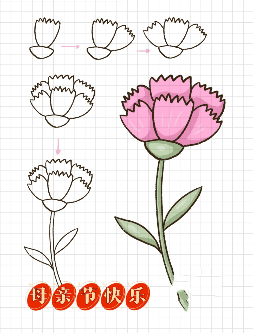 简笔画|母亲节快乐简单手绘素材康乃馨教程 零基础绘画|简笔画教程