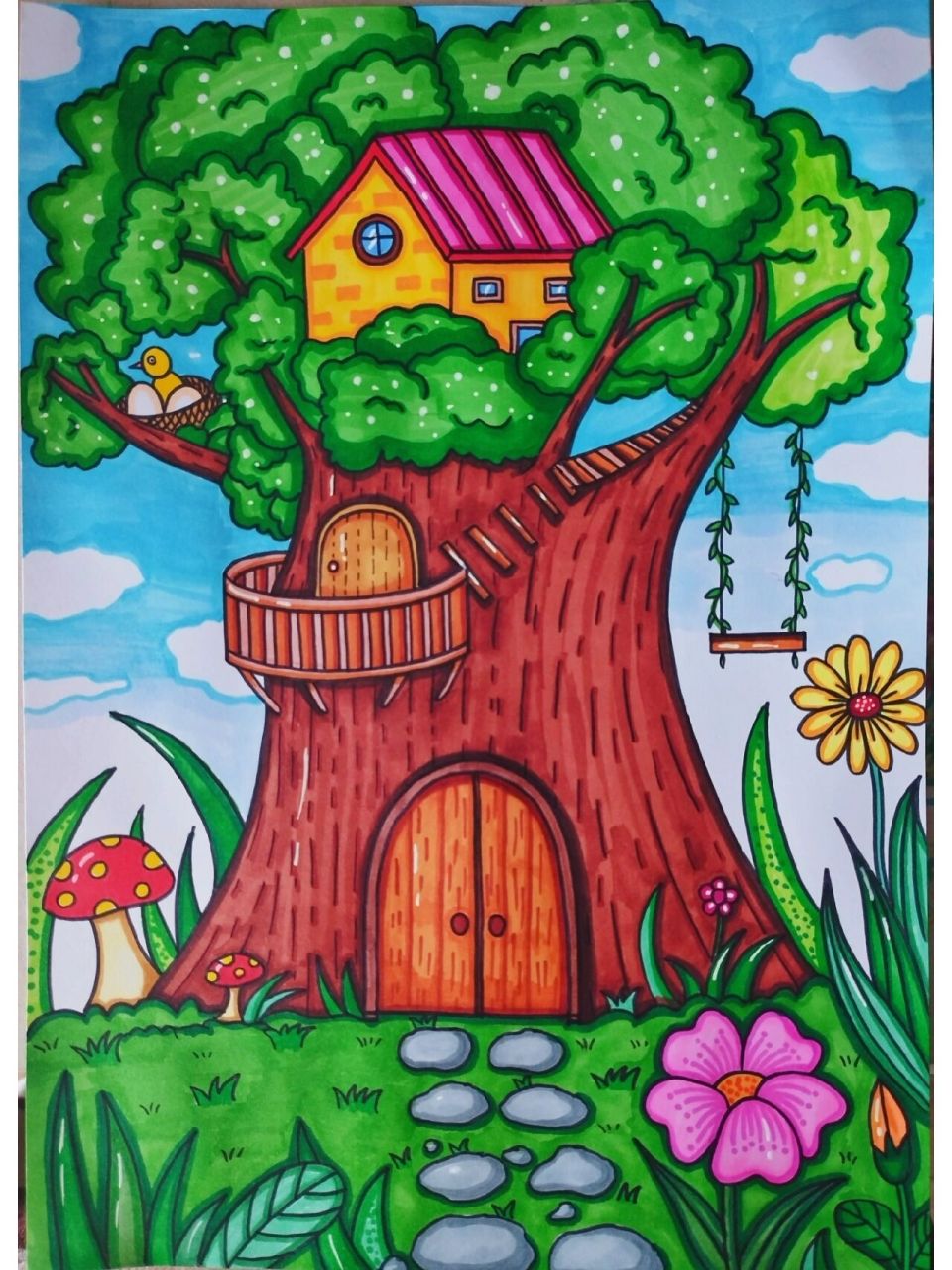 《树屋》绿色家园主题画 在树上的房子,绿色的家园,童话世界