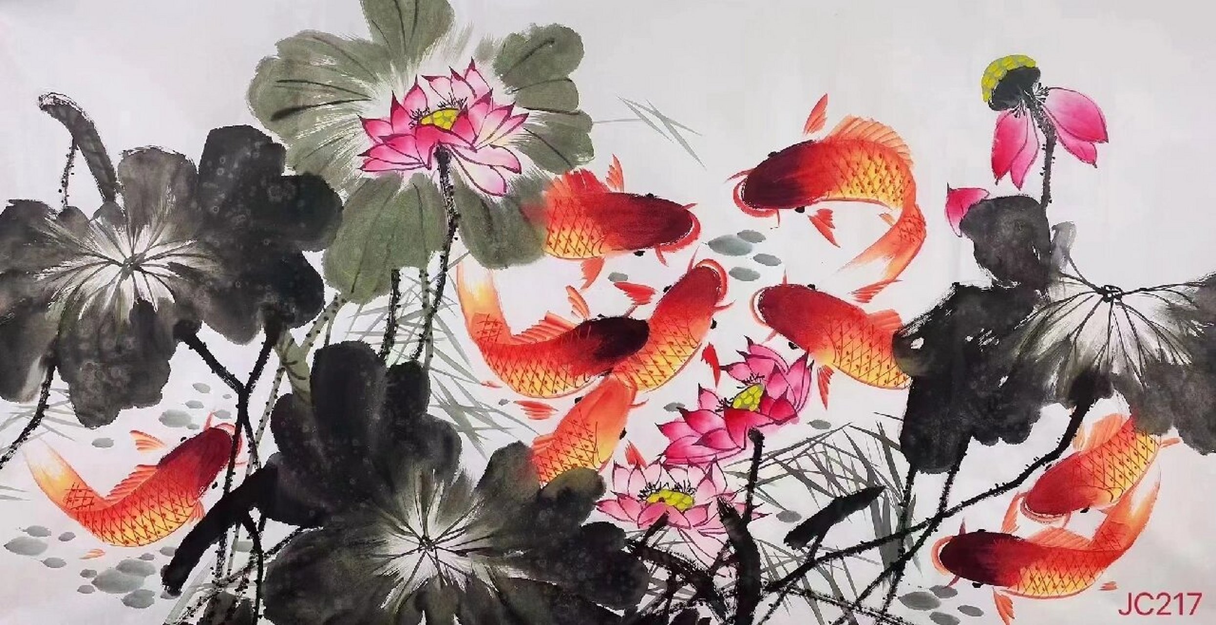 陈浩老师四尺整张(69*138)风水画精品"九鱼聚财"