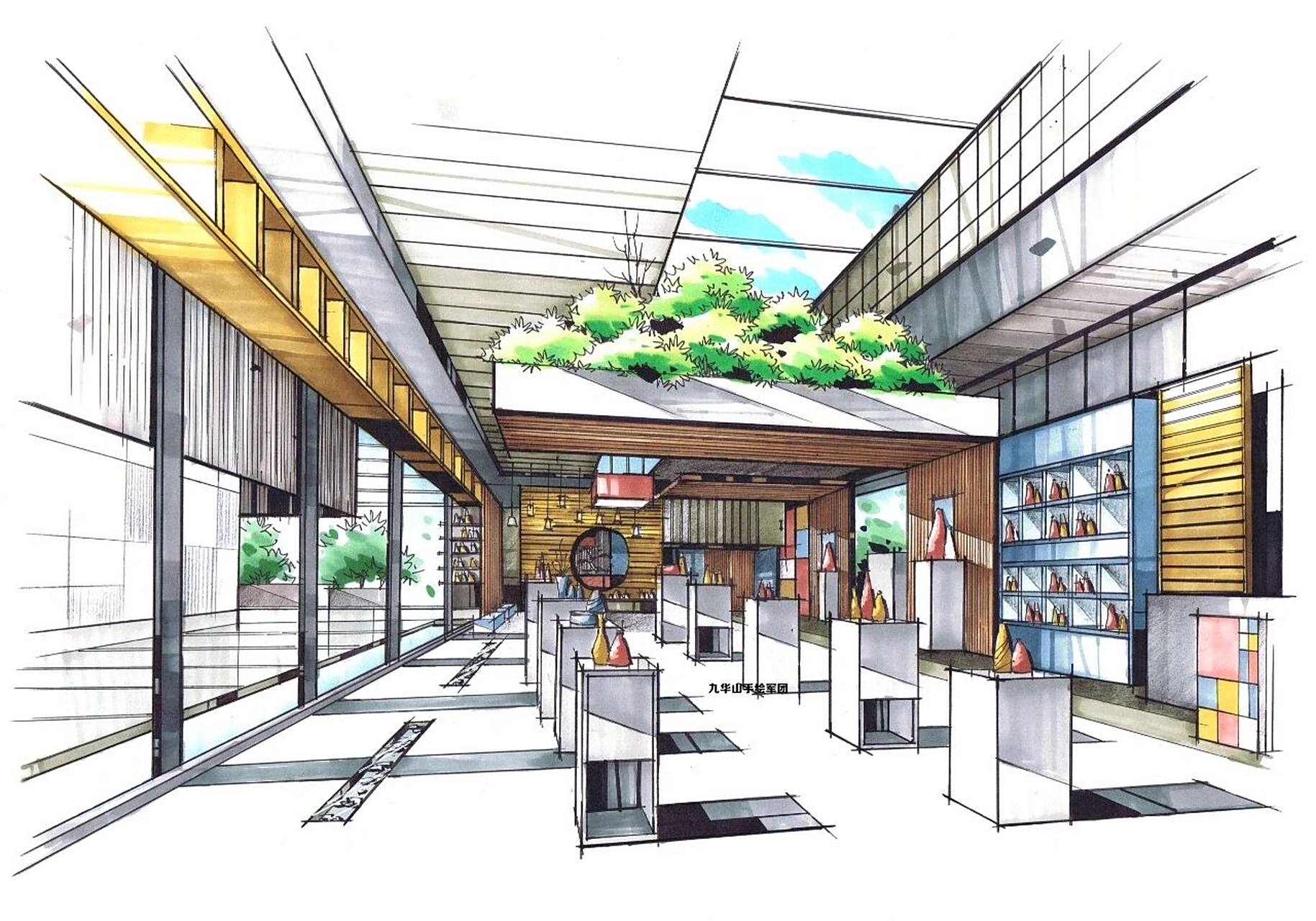 手绘教程,室内空间—展览馆手绘步骤图 99关注【室内】【景观】