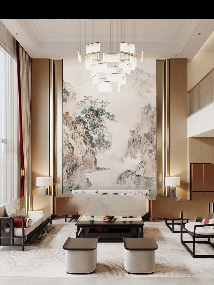 复式新中式挑空背景墙效果图.