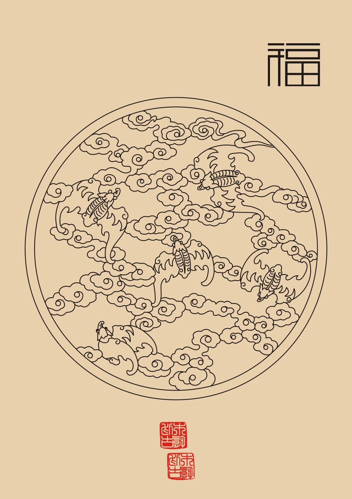 福禄寿喜(蝙蝠,鹿,桃子,喜鹊)线稿纹样