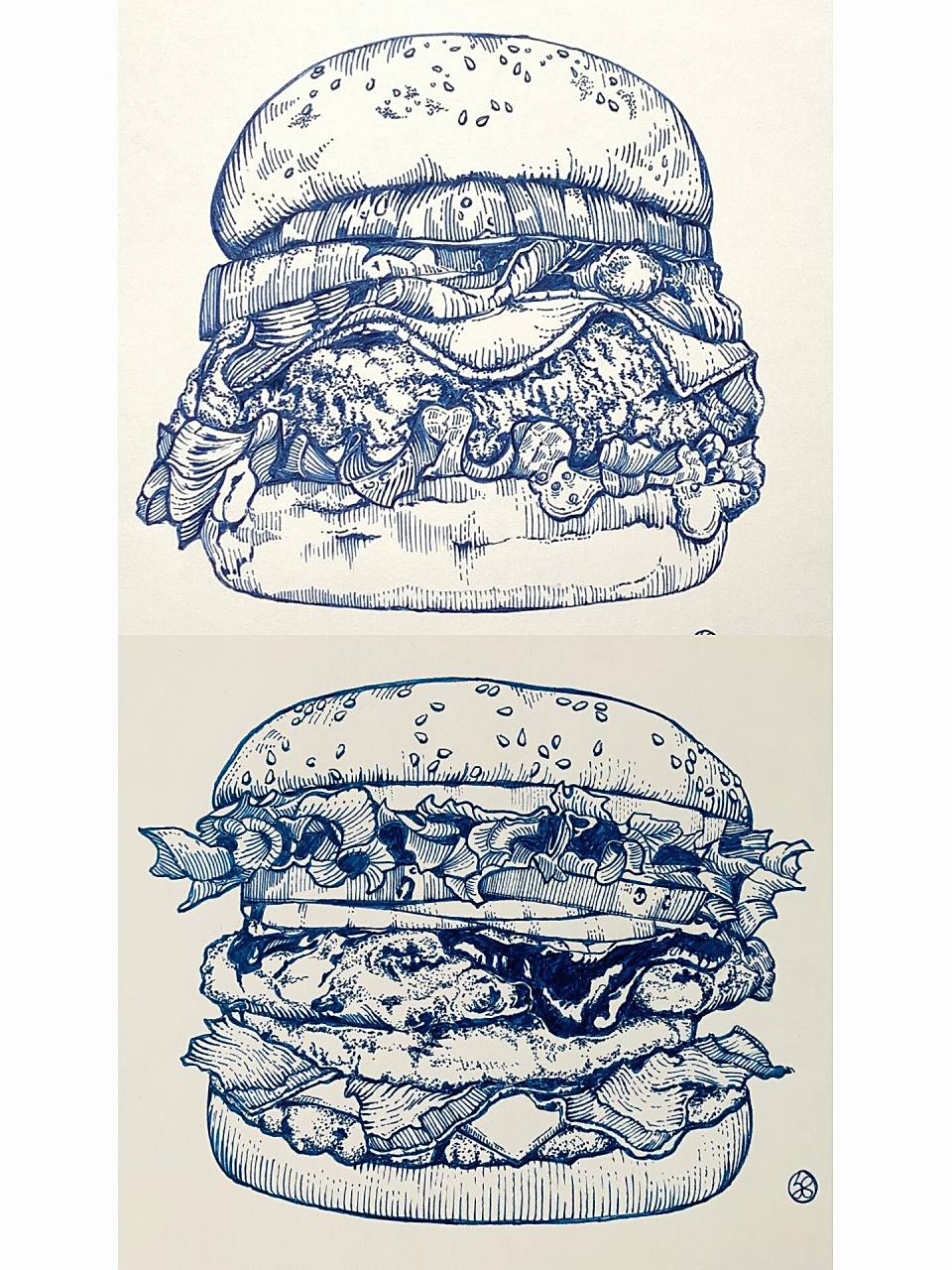 钢笔手绘美食插画27|巨无霸汉堡 线描插画手稿分享～素材