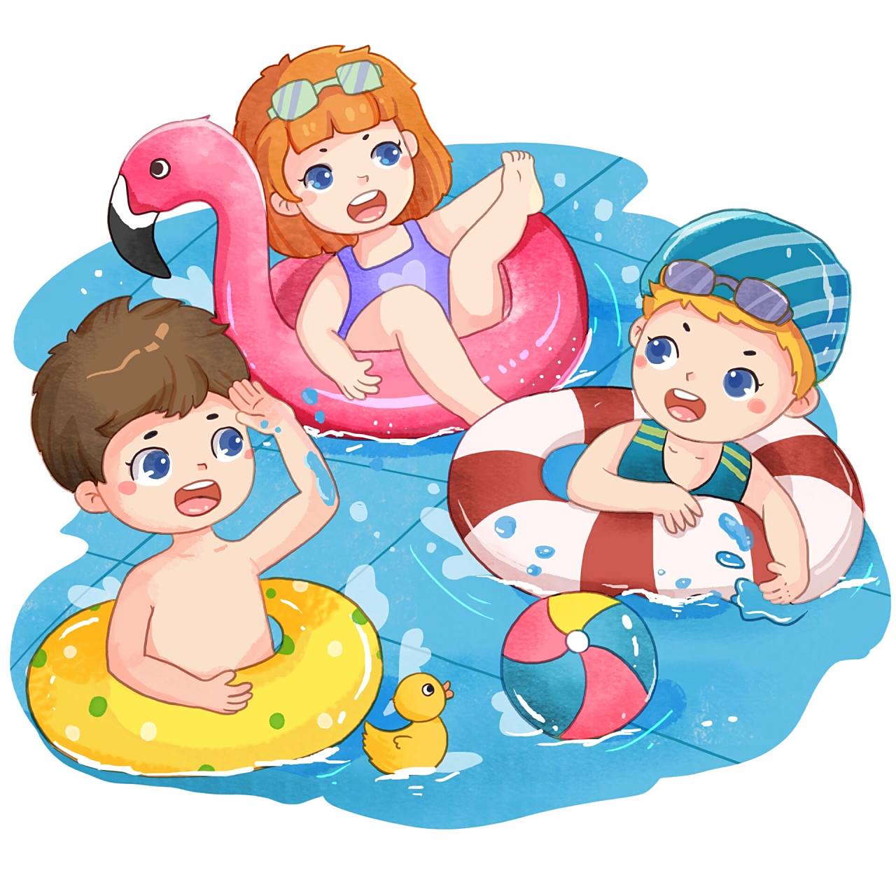 99今日素材  90手绘卡通儿童女孩夏天夏季游泳玩水 90夏季暑假