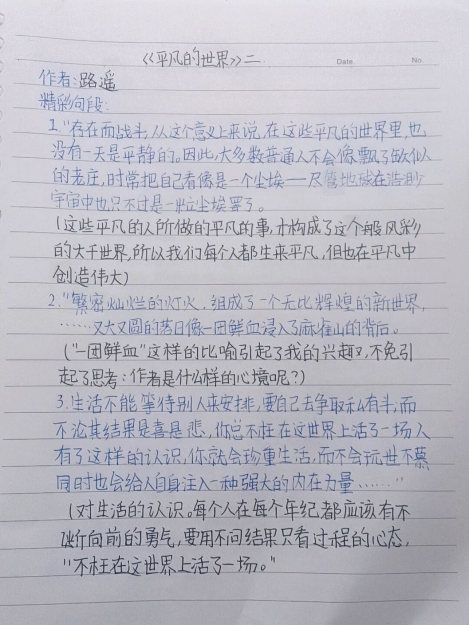 《平凡的世界》读书笔记摘抄加感悟 摘抄 感悟