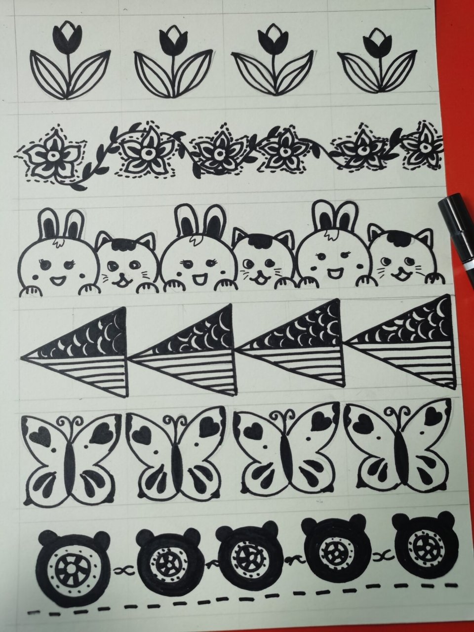 二方连续纹样参考 手绘简单二方连续纹样 适用于二年级线描课