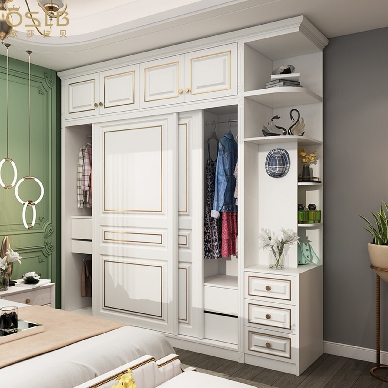 欧式推拉门轻奢衣柜 现代简约模压衣柜,顶柜与转角是单独定制,衣柜的