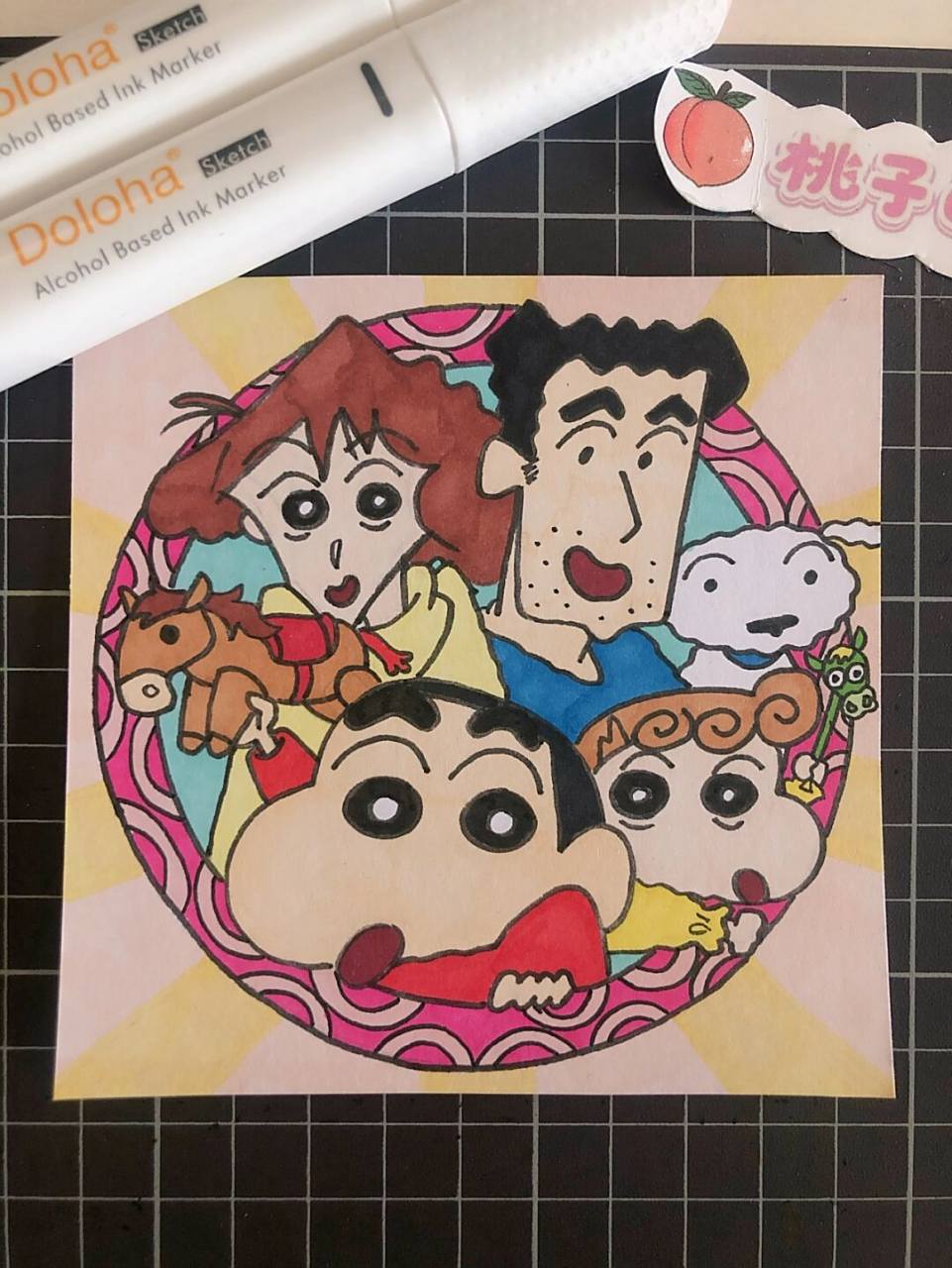 第149幅|蜡笔小新全家福,马克笔画,附步骤图 画材: 90荷兰白卡纸10x