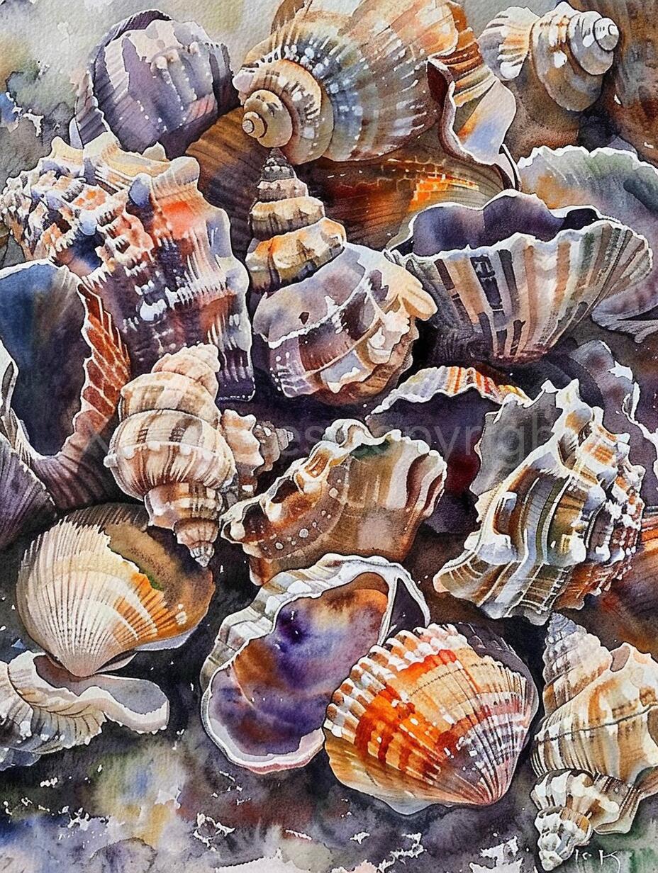 ai水彩|沙滩记忆:贝壳的细语