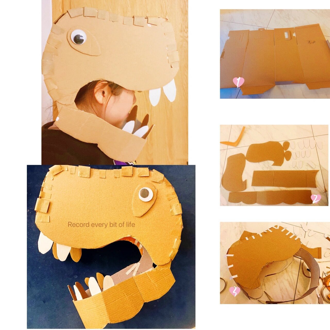 纸板手工 恐龙头套 想给孩子们做头盔 刚好有个适合的快递盒子 恐龙