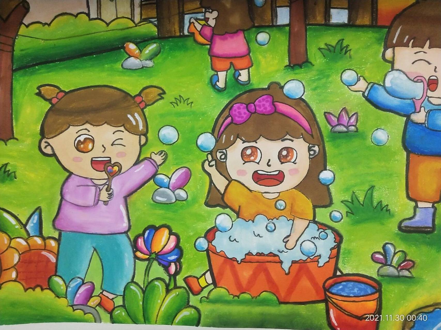 重彩油画棒儿童画《我爱劳动》 临摹非原创