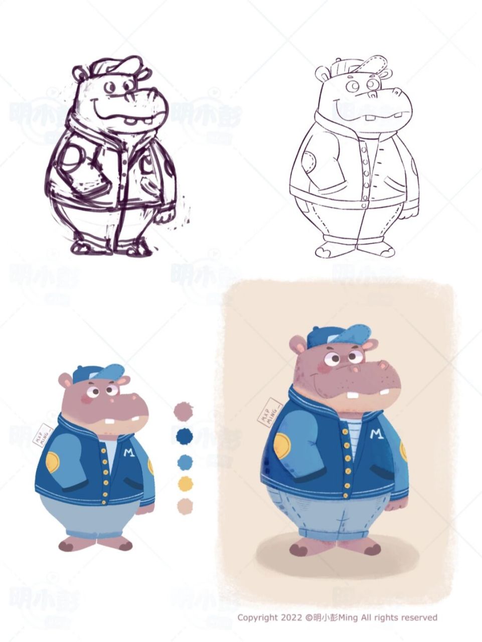 河马拟人插画|动物拟人【一】|附过程图 初步设定是河马棒球运动员