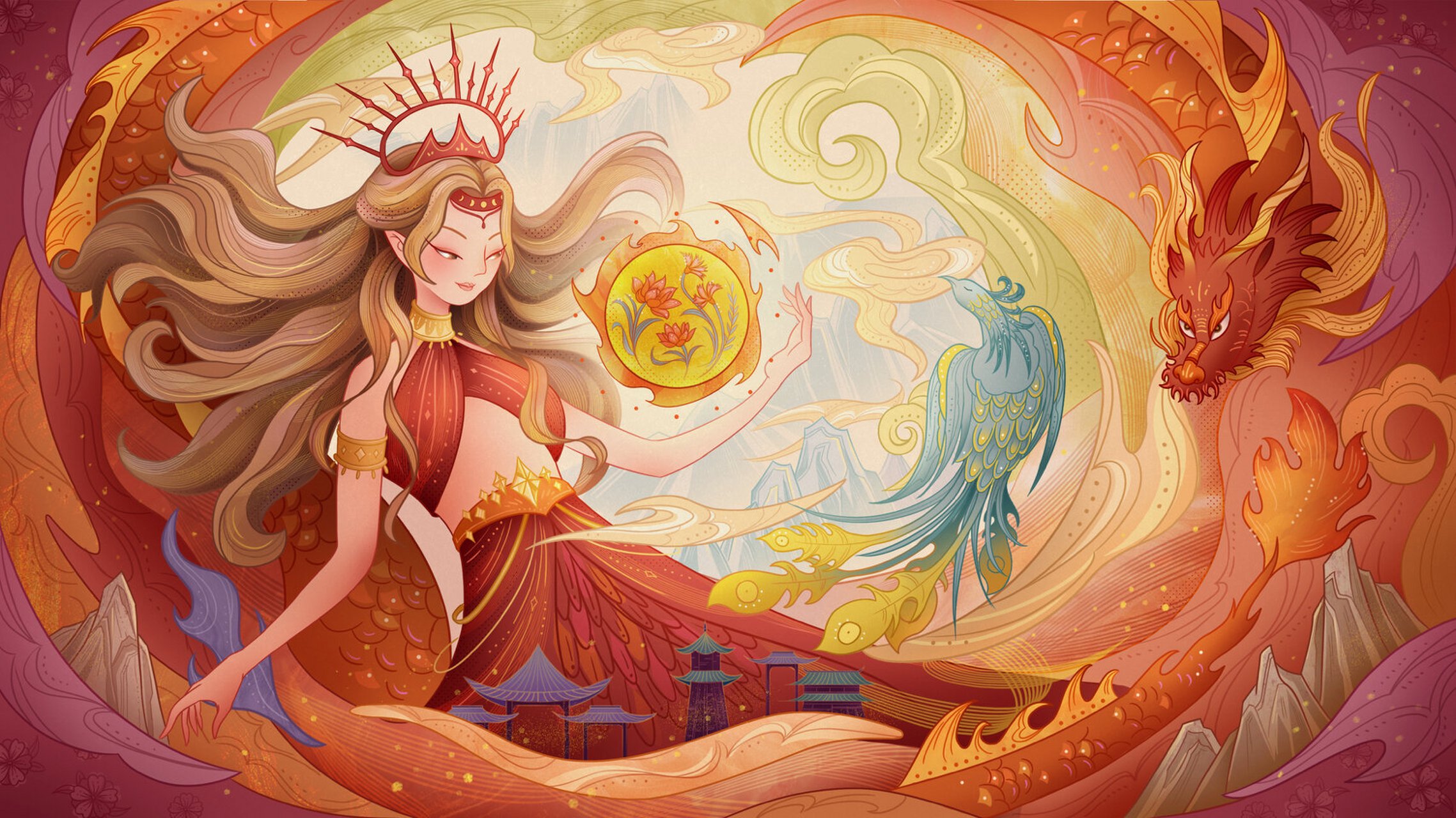 98原创插画 i 国风线性 i 太阳女神 99羲和也被称为太阳女神,也