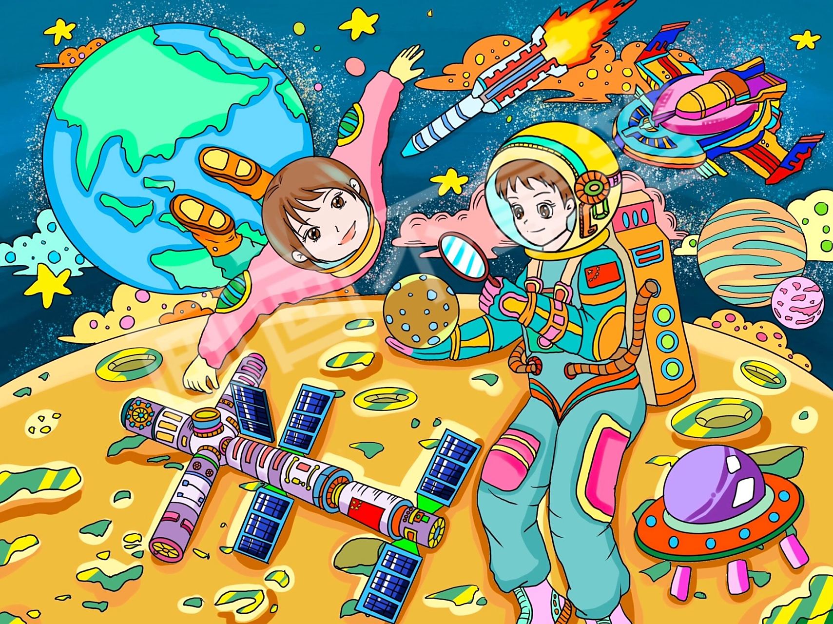 宇宙科幻画主题画 深空探测 附线稿0169♀15 作品名称:《星球之