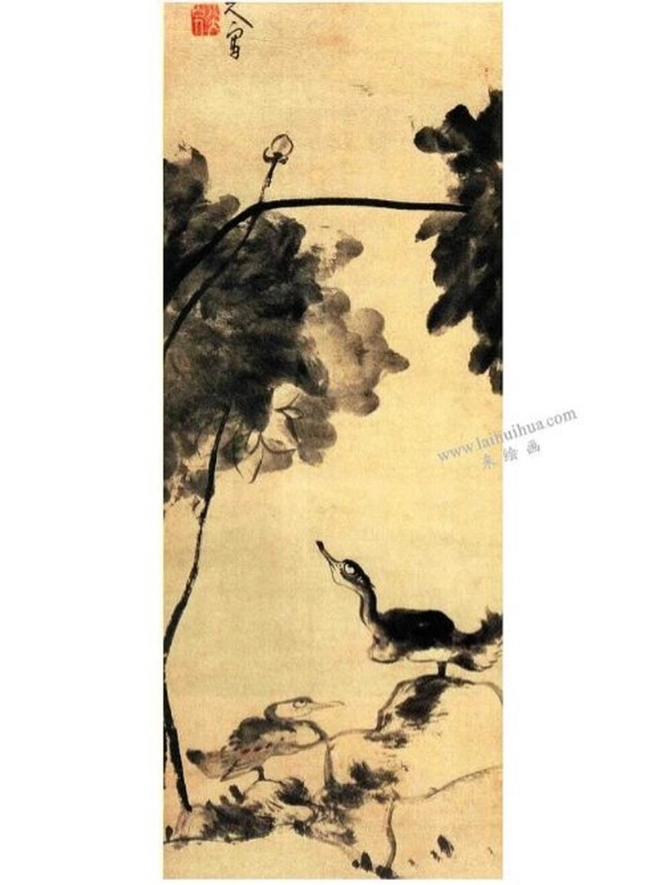 中国美术史-清代朱耷《荷石水禽图》 朱耷,号八大山人,具有奇简冷逸的