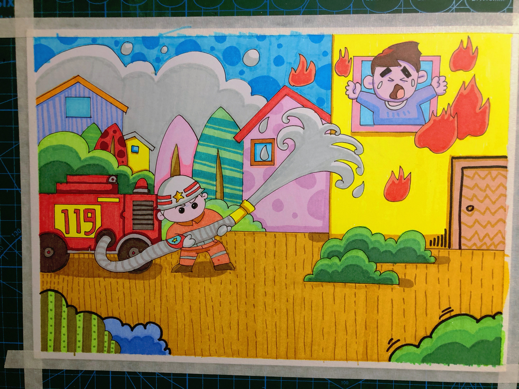 手绘儿童画 马克笔 消防主题 救火小英雄 临摹于网络