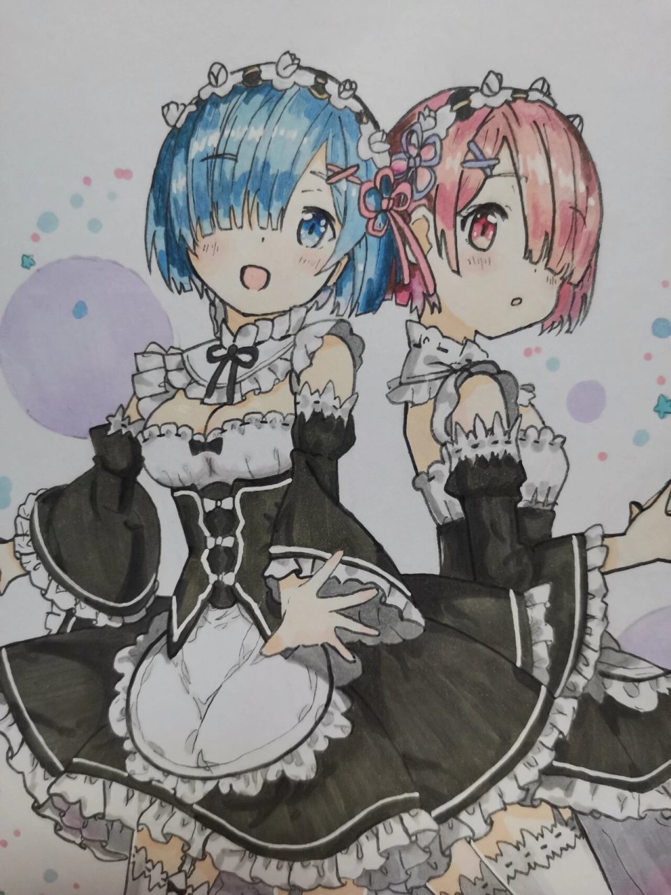 手绘 | 雷姆拉姆 几个星期前画的,颜色有点多没有标记