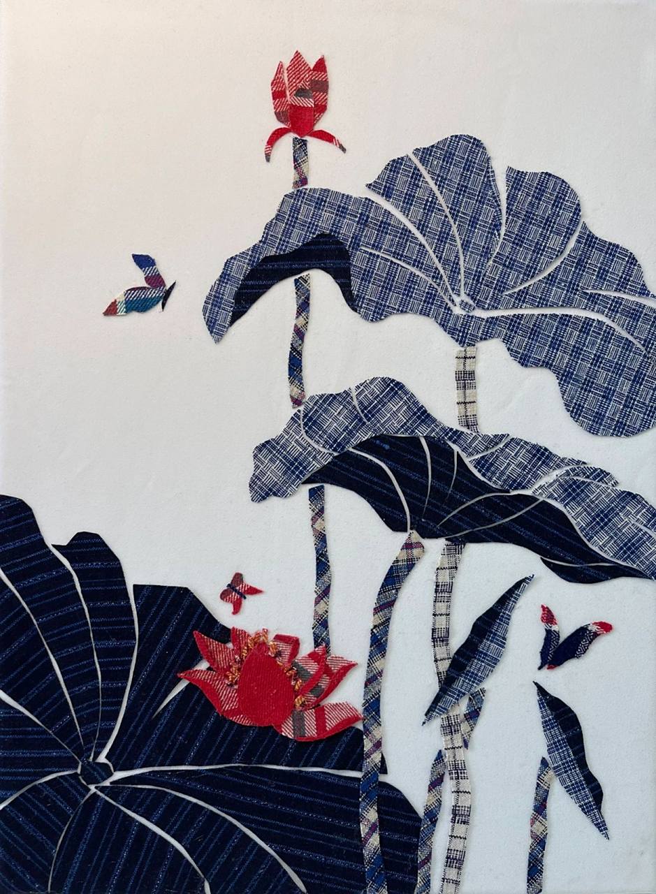 崇明土布 布艺拼贴 荷花30x40 步骤图 土布贴画,崇明的土布纺织技艺是