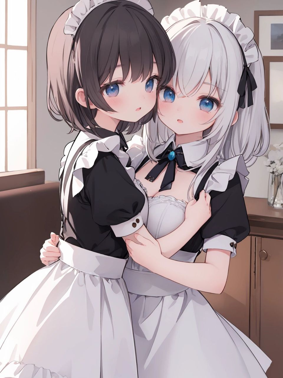 二次元真爱 | 女仆系列 双女仆相互拥抱 面带娇羞 主人在坐在沙发上