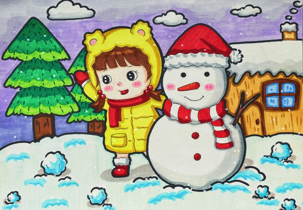 马克笔儿童画卡通画简笔画主题画下雪了 适用