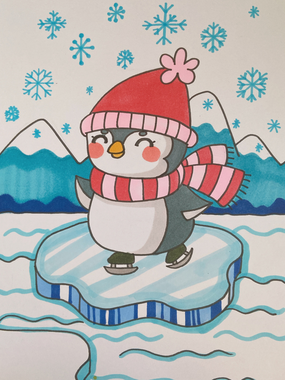 小企鹅儿童画简笔画南极冰山滑冰雪花儿创