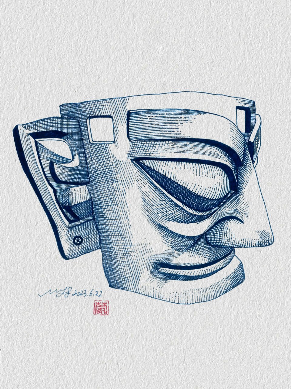 钢笔画|线条勾勒三星堆系列青铜大面具侧面 青铜大面具出土于三星堆3