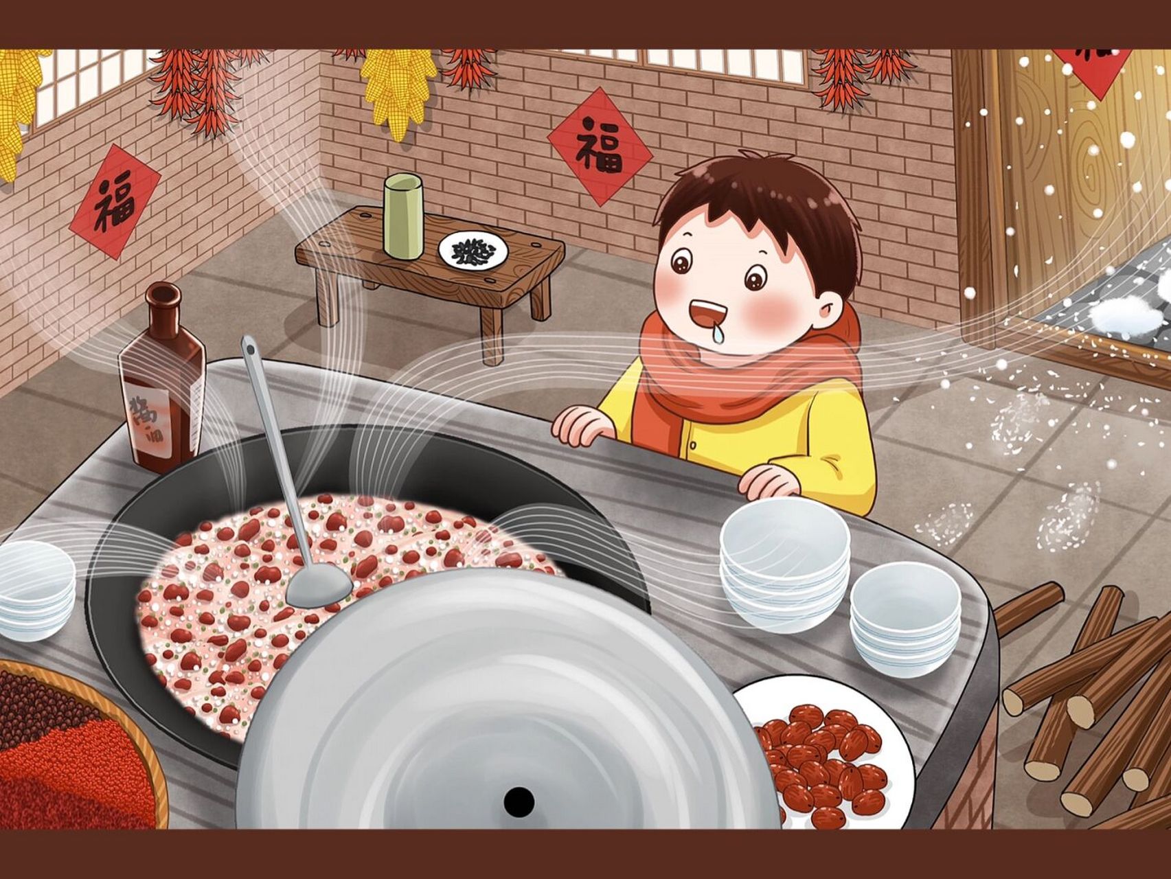 插画|腊八节厨房里的小孩 冬季了,马上就要进入腊月,年味儿也越来越重