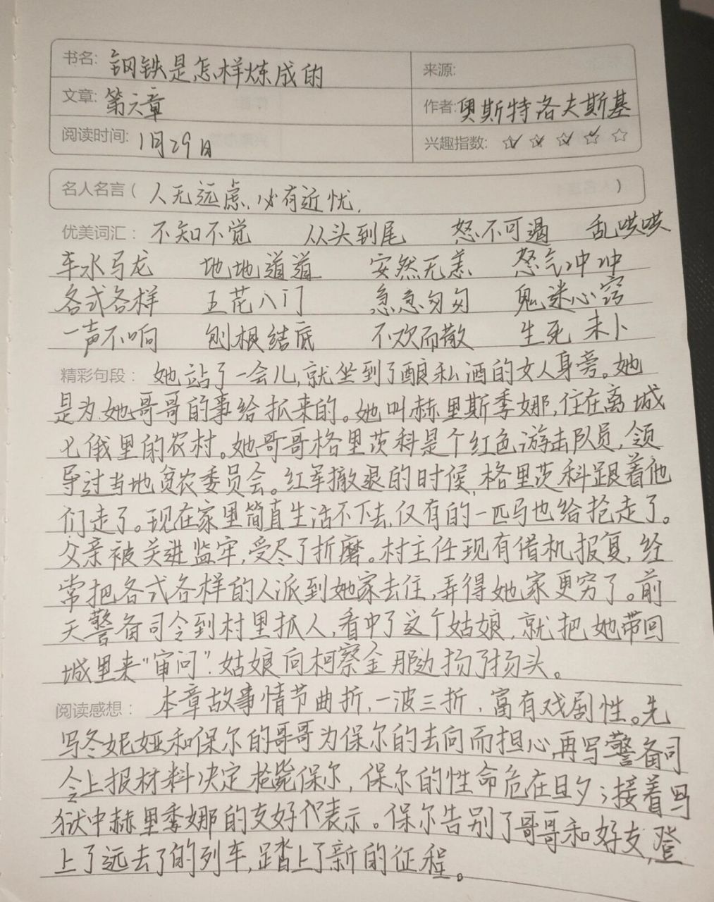 《钢铁是怎样炼成的》第六章读书笔记 读书笔记 读书笔记分享 读书