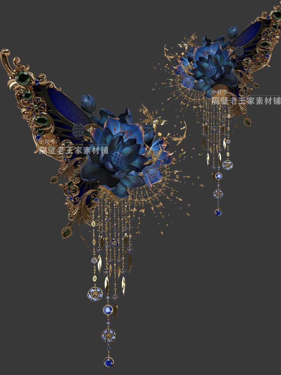 138  原创素材·半花半蝶~ 古风金饰品,发簪高清免扣素材 	 素材设计