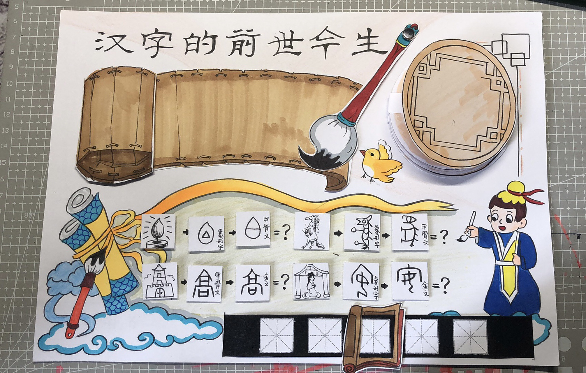 小学生古汉字甲骨文立体手抄报 可代画 机关多多哦