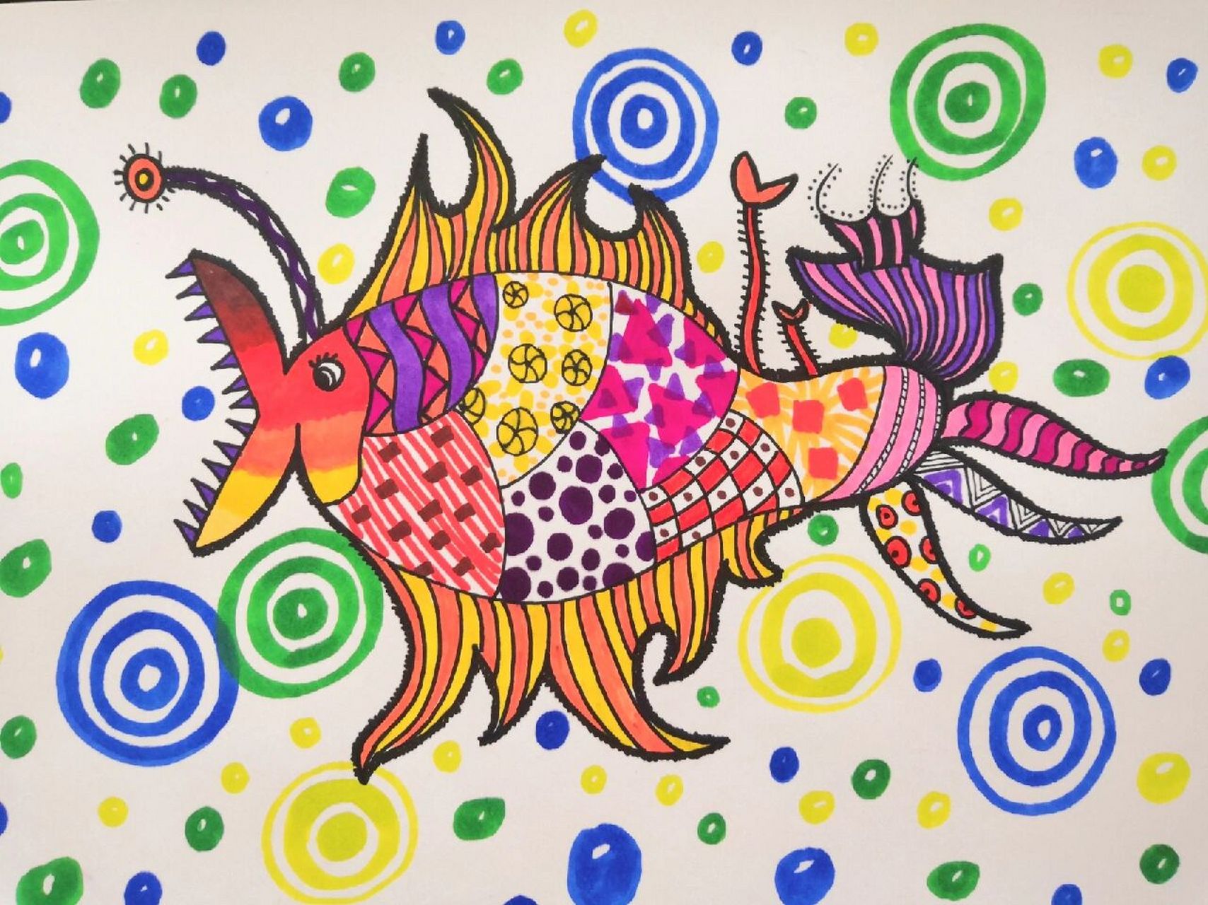 《深海怪鱼 》彩色线描创意画 ,主要是用夸张的手法表现怪鱼的外形