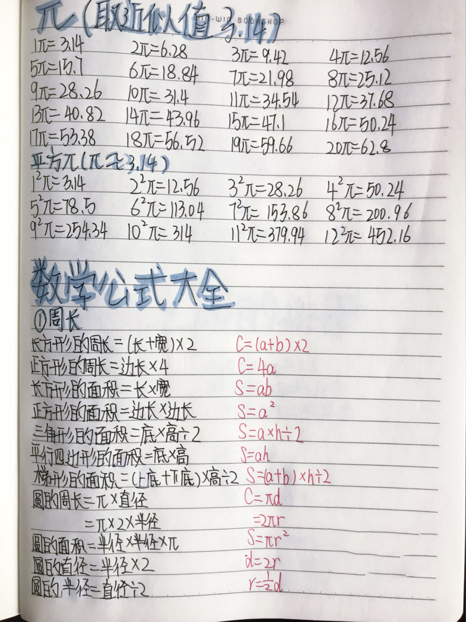 数学公式,兀值表,进率整理 数学公式,兀值表,进率整理