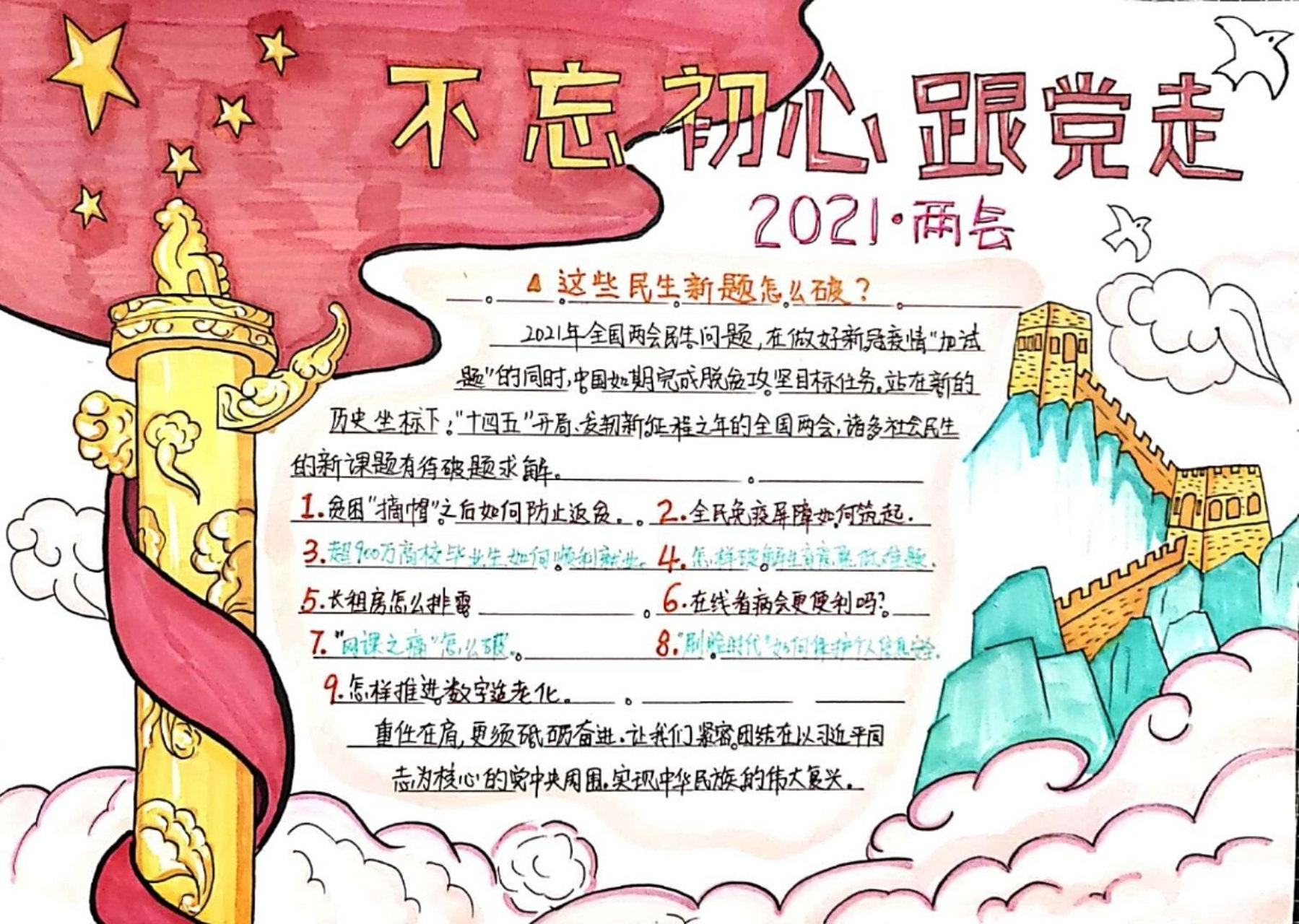 爱国手抄报 马克笔绘制,孩子可高兴了