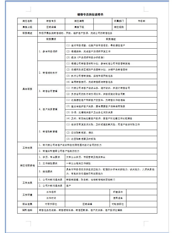 销售专员岗位说明