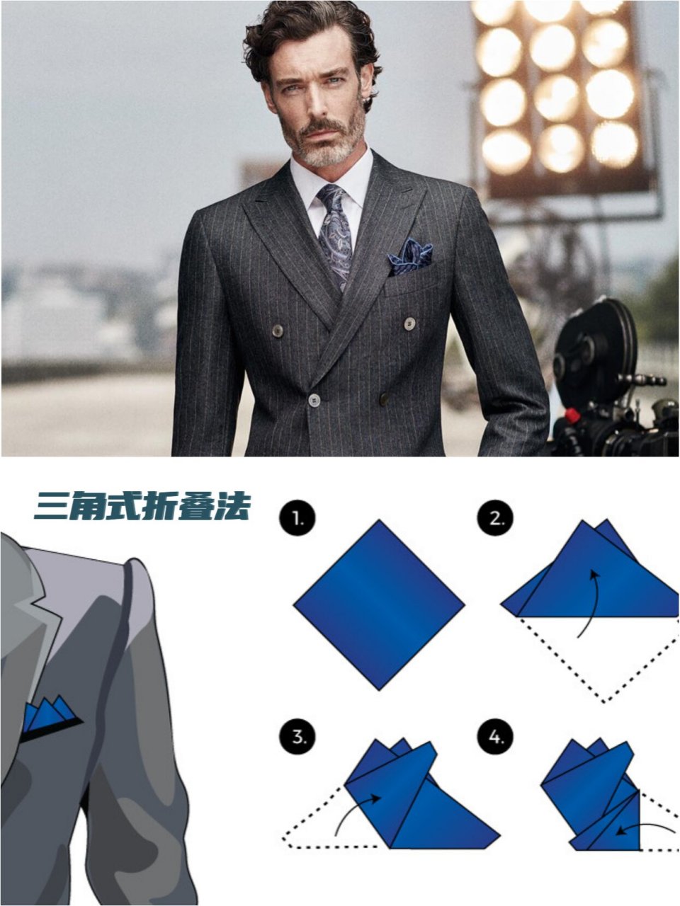 如果不想打领带,口袋方巾也得安安稳稳地放在左胸口袋里.