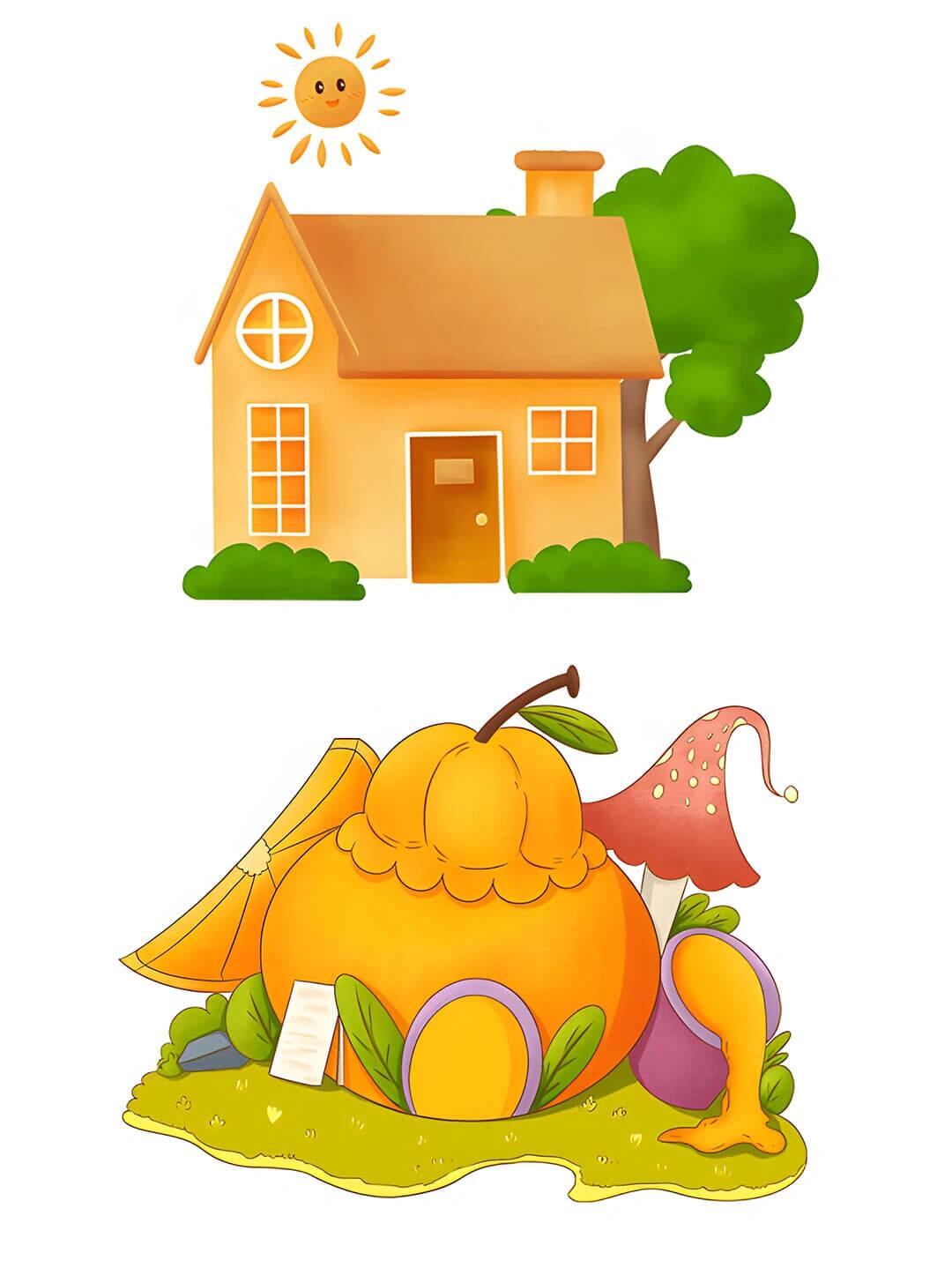 卡通彩色建筑房子蘑菇屋彩色童话简笔画