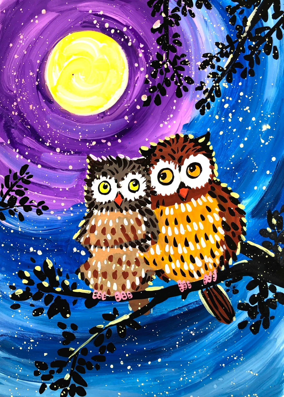 儿童水粉丙烯画动物《猫头鹰》教程 适合7岁以上孩子学习 工具:水粉