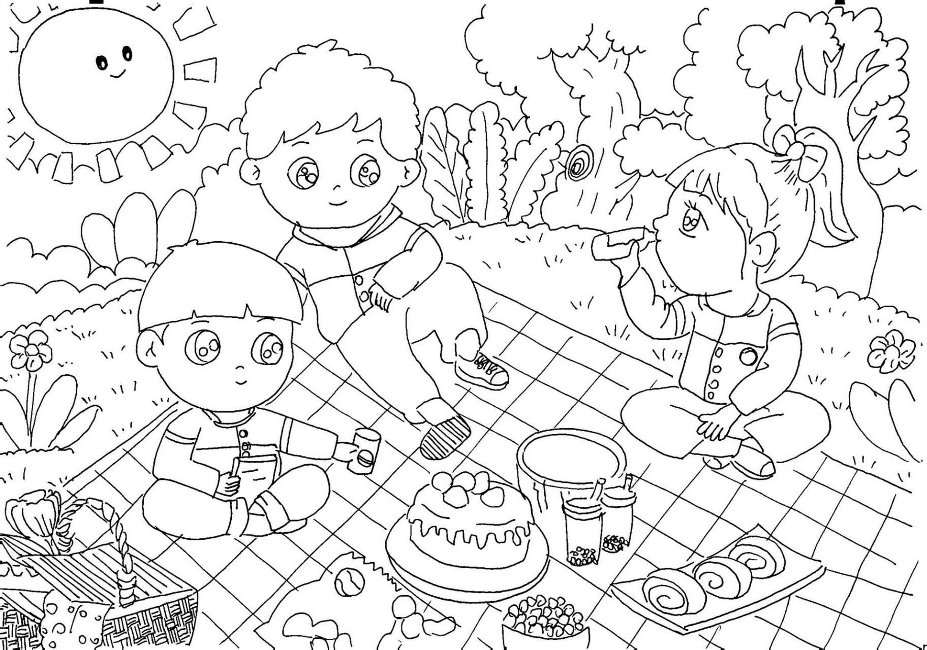 野餐春游儿童画线稿 野餐啦