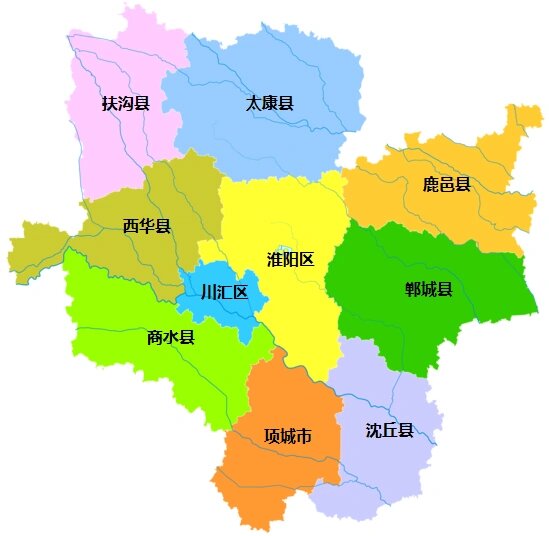 周口全市划分为 2个区:川汇区,淮阳区; 7个县:扶沟县,西华县,商水