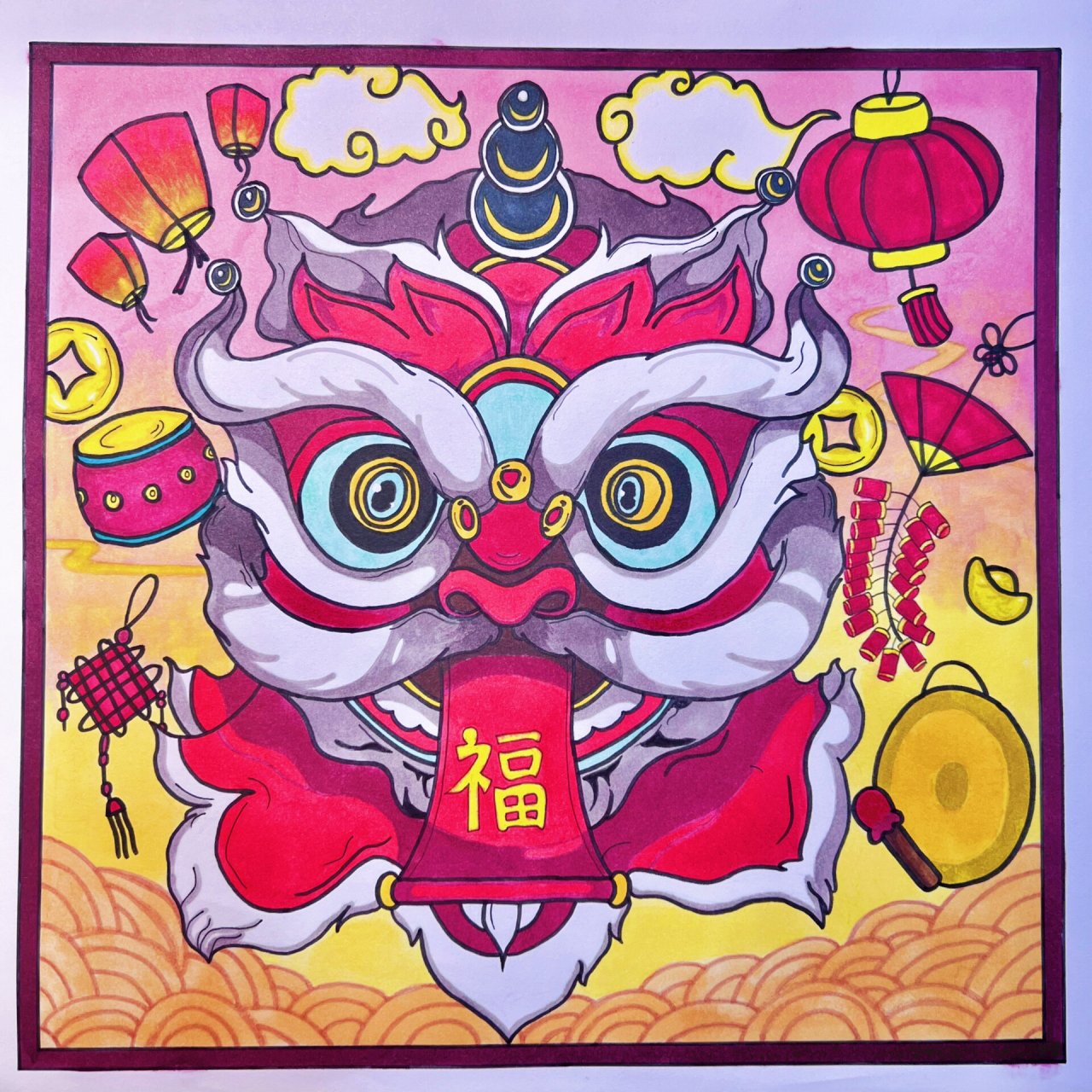 终于完成中国元素绘画了 老师布置的作业是带中国元素的绘画,在小红